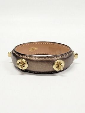Coach Vintage Y2k Brass Turnlock Metallic Bronze Pewter Leather Bangle Bracelet